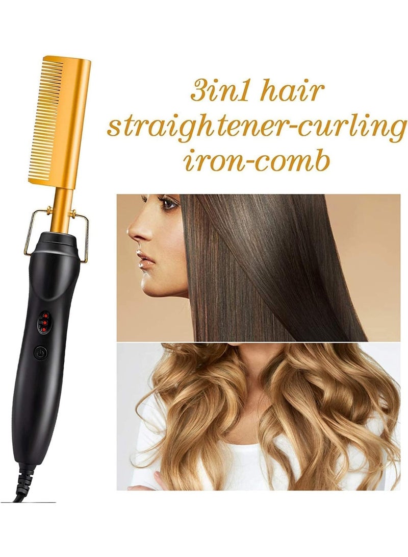 مشط كهربائي ساخن بدرجة حرارة 450 درجة فهرنهايت لفرد الشعر مع 3 اعدادات وإيقاف تلقائي 60 دقيقة وحافظة مضادة للحرق للرجال والنساء للاستخدام المنزلي وأثناء السفر سيراميك ذهبي 80.0 واط - Image 2